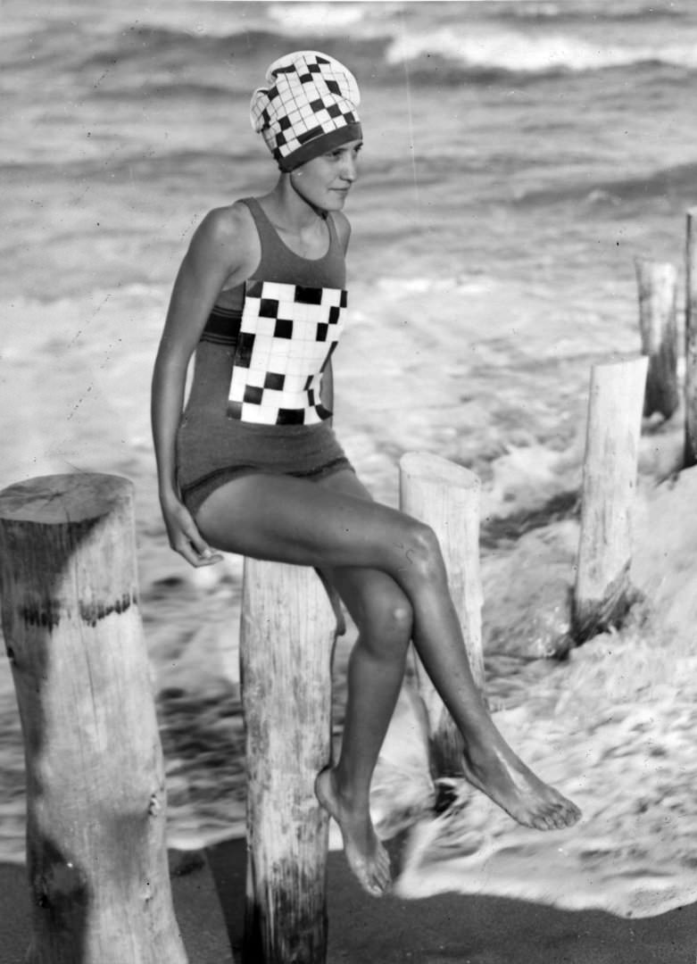#29 Verna Lee Fisher sporting her newly created crossword swimsuit with matching bathing hat, at Palm Beach, 1933