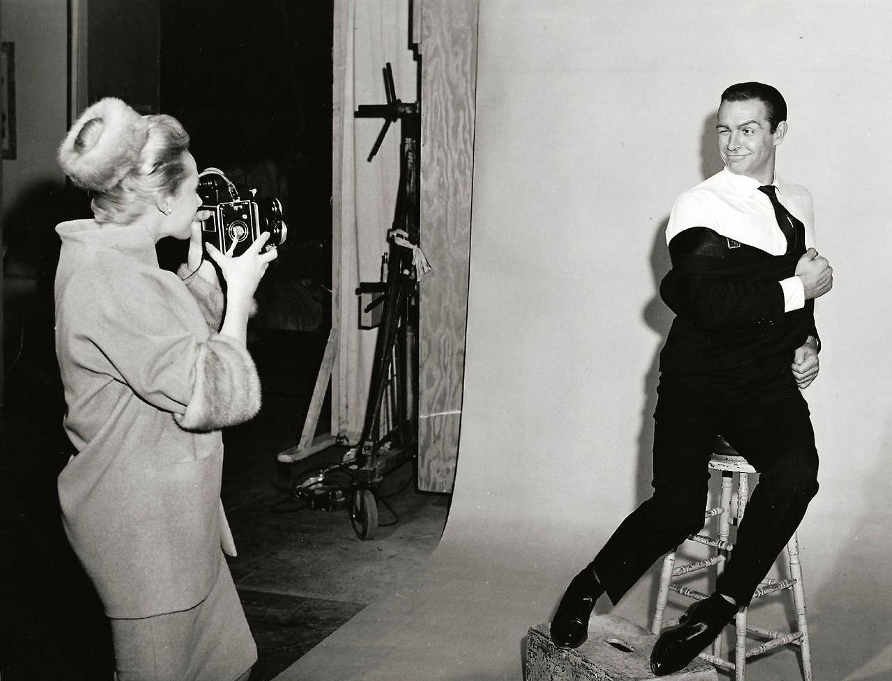 Sean Connery and Tippi Hedren having fun during the filming of “Marnie”, 1964