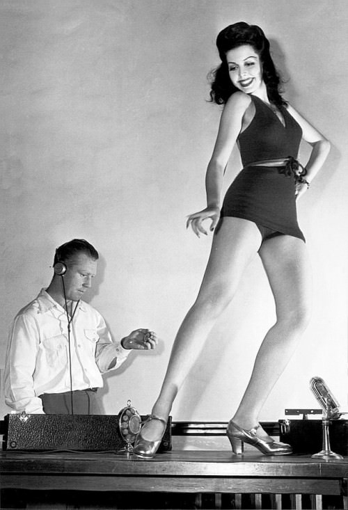 Ann Miller recording the sound of her tap dancing for the film “Reveille With Beverly”, 1943