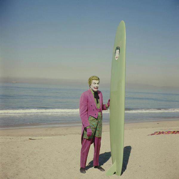 Cesar Romero prior to film his surfing scene with Adam West in “Batman”, 1967