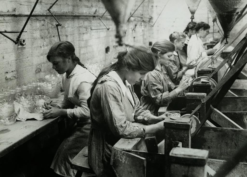 British women in glass factory cutting shop near Birmingham
