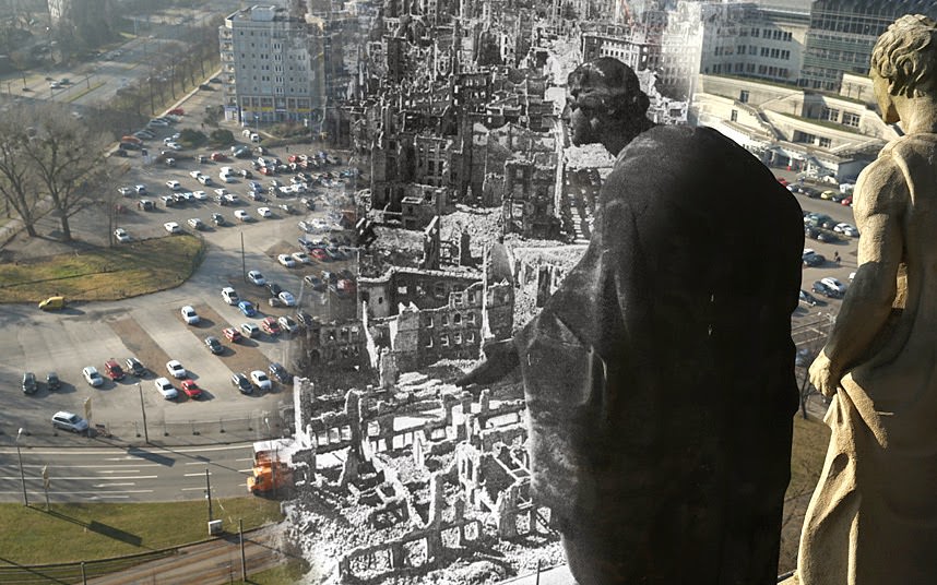 #3 THEN: A statue on the tower of City Hall looking down at the ruins of the city centre. NOW: the same scene on 12 February 2015.