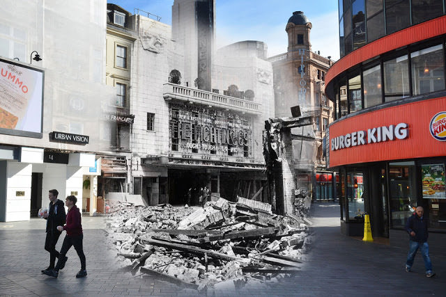 THEN: Bomb damage in London’s Leicester Square caused by German air raids during the Blitz, 1941. NOW: A view of the Vue cinema in Leicester Square on May 1, 2016 in London, England.