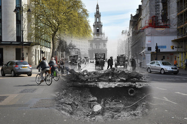 #20 THEN: A huge hole in the Strand, where a bomb was dropped during an air raid over central London. NOW: A street scene looking down the Strand towards St.Mary-le-Strand church, on May 1, 2016 in London, England.