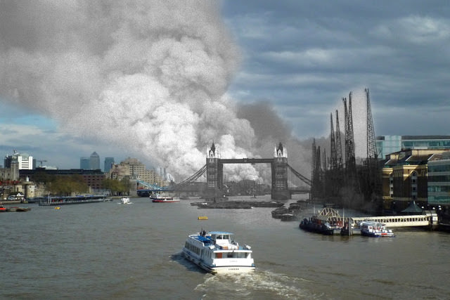#21 THEN: A view east down the Thames towards smoke rising from fires in Surrey docks, following the first German air raid of the London Blitz, 7th September 1940. NOW: A view of Tower Bridge on the River Thames on April 25, 2016 in London, England.