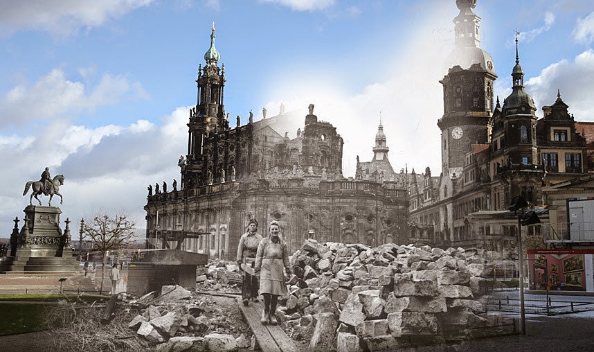 #52 THEN: The ruins at Theaterplatz square in 1946. NOW: Residenzschloss Dresden palace , 2015