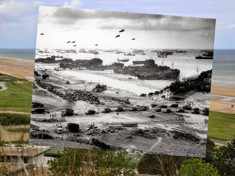 THEN: An American armada gathered off of Omaha Beach, Normandy, in 1944. NOW: The same beach Today.