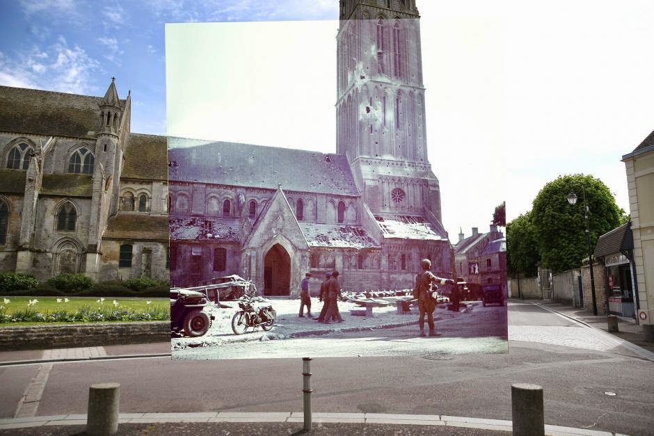 THEN: A Canadian soldier directs traffic after the Normandy invasion in Bernieres-sur-Mer. NOW: The same street today.