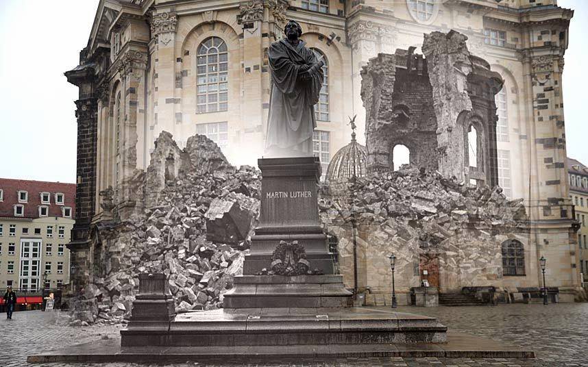 #5 THEN: The ruins of the Frauenkirche church and the empty pedestal for a statue of Martin Luther in 1946. NOW: The reconstructed church and statue, 2015.