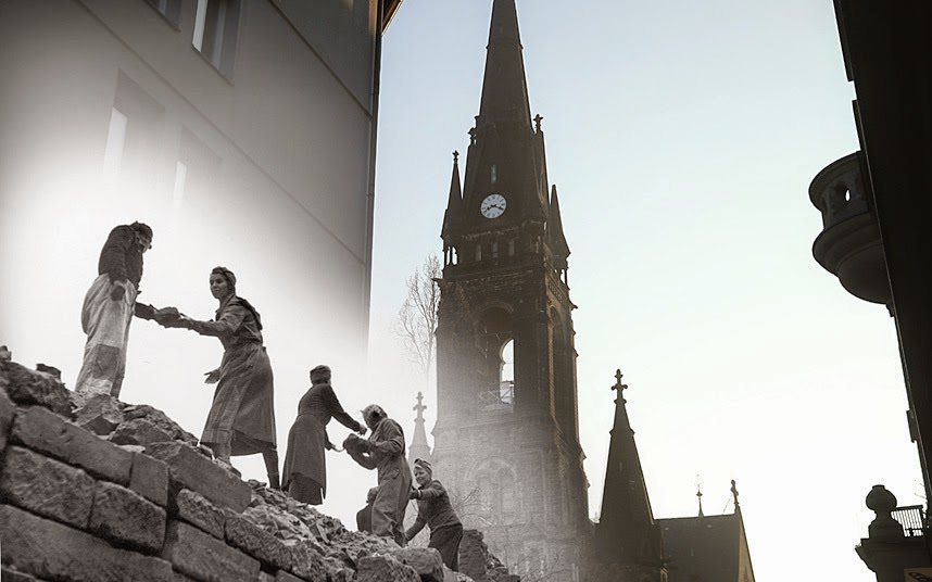 #4 THEN: Women in 1946 carrying bricks outside the Martin Luther church NOW: Same area on 12 February 2015.