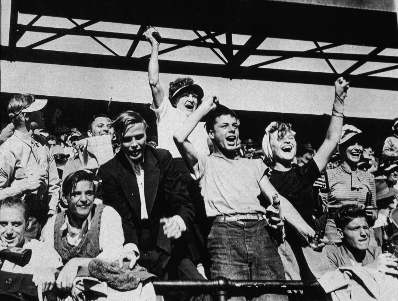 #24 Spectators cheer at Sportsman’s Park during Game Six of the World Series between the St. Louis Cardinals and the Boston Red Sox, 1946