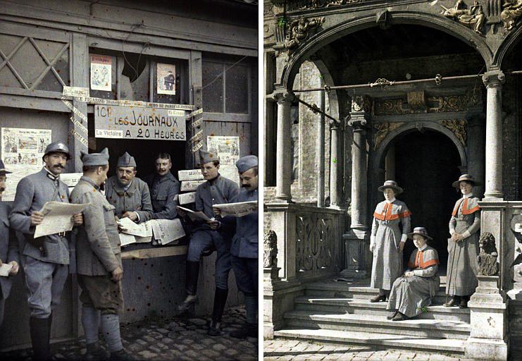 Left: Sale of newspapers on a stall. France, 1917