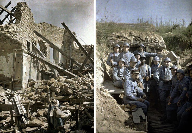 Left: Church with remains of statues in the foreground. France, 1917