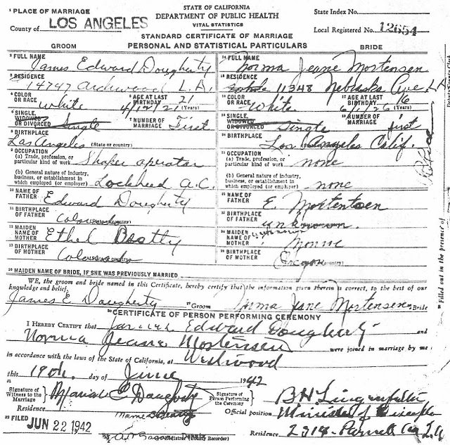 #11 Norma Jeane and Jim Dougherty’s certificate of marriage.