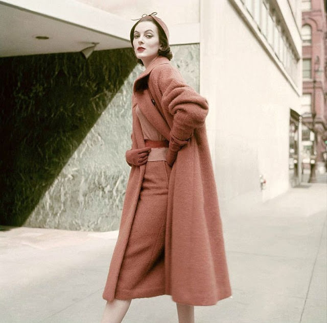 #26 Carmen in apricot wool skirt and coat by Donnybrook, 1952.