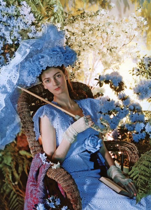 #14 Carmen Dell’ Orefice in white eyelet dress by Sophie of Saks Fifth Avenue, hat by Tatiana du Plessix, 1946.