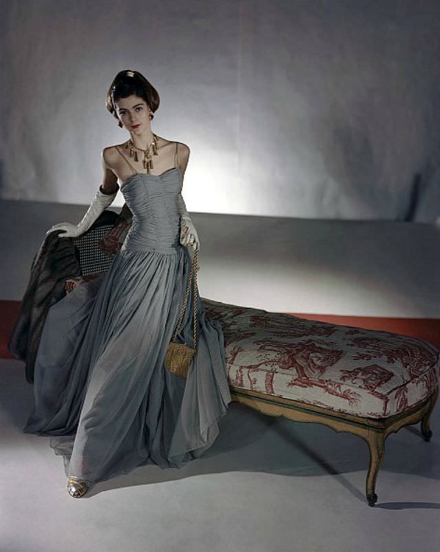 #15 Carmen Dell’ Orefice in chiffon evening dress by unidentified designer, 1947.