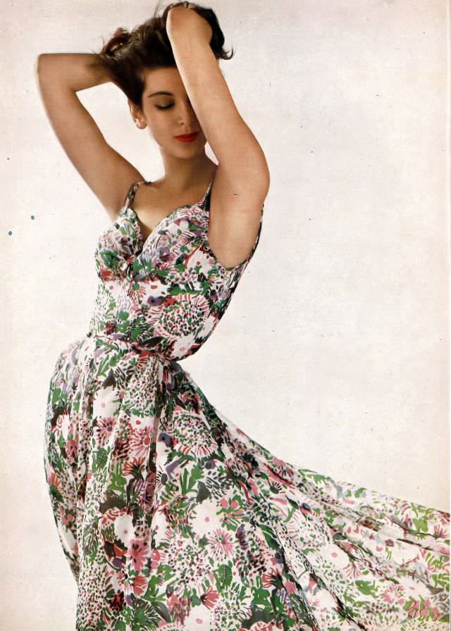 #8 Carmen in a floral print nylon chiffon nightgown by Odette Barsa, 1956.