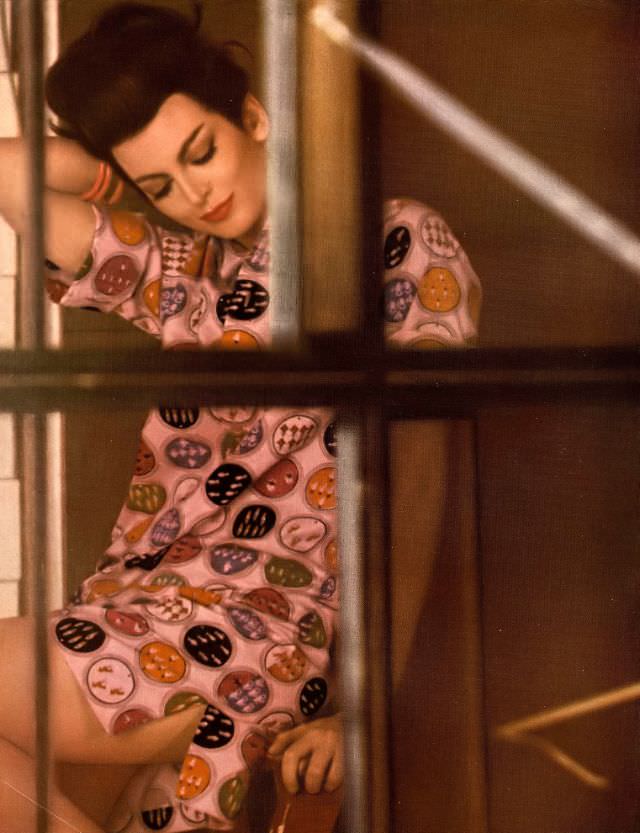 #61 Carmen in cotton and Arnel beach shirt in colorful print medallions inspired by East Indian playing cards, 1959.