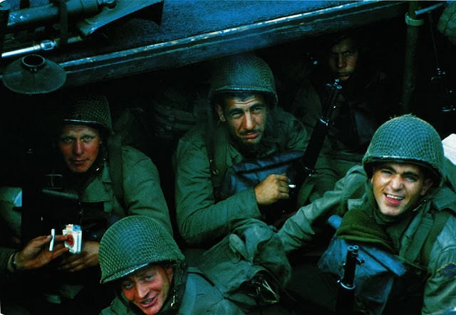 #40 United States Rangers from E Company, 5th Ranger Battalion, on board a landing craft assault vessel (LCA) in Weymouth harbour, Dorset.