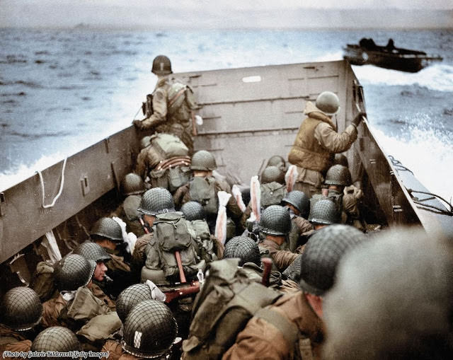 #6 A Landing Craft, Vehicle, Personnel (LCVP) is approaching Omaha Beach, Normandy, France, 6th June 1944. To the right is another LCVP.