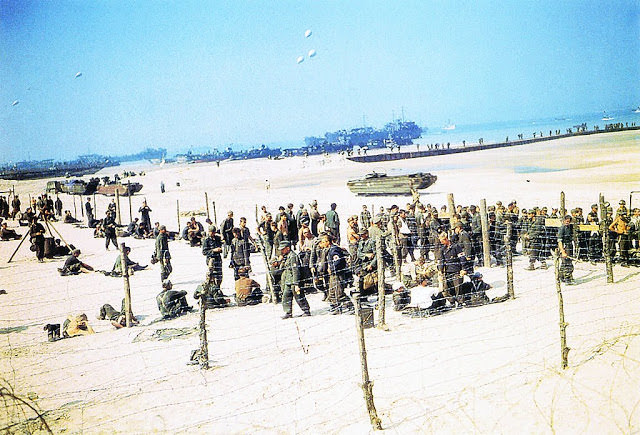 #46 Operation Overlord Normandy, German Prisoners of War (POW) have been put behind barbed wire on Omaha Beach.