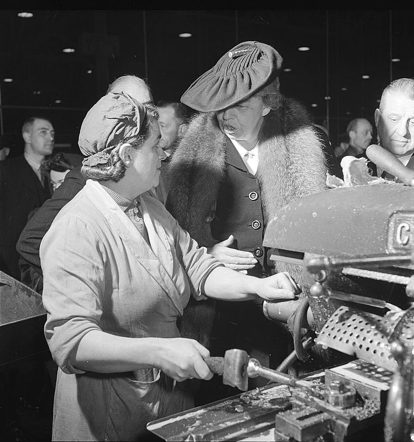 #5 Eleanor Roosevelt talking with woman machinist during her goodwill tour of Great Britain, 1942.