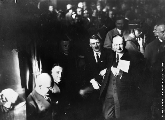 #36 The Nazis meet in the Munich Buergerbraukeller (left to right) Schwartz, H Esser, Adolf Hitler and Ritter Von Epp, 1927