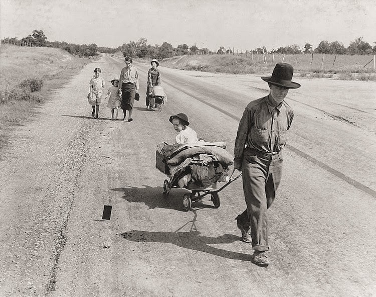 #15 Family walking on highway, five children, 1936