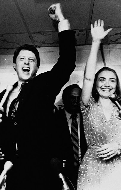 #50 Bill and Hillary Clinton celebrate victory in the Democratic runoff in Little Rock, Ark. June 8, 1982