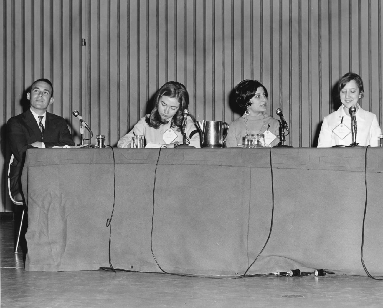 #9 Hillary joins students and a faculty member at the Wellesley College Alumnae Council Student Panel, 1968