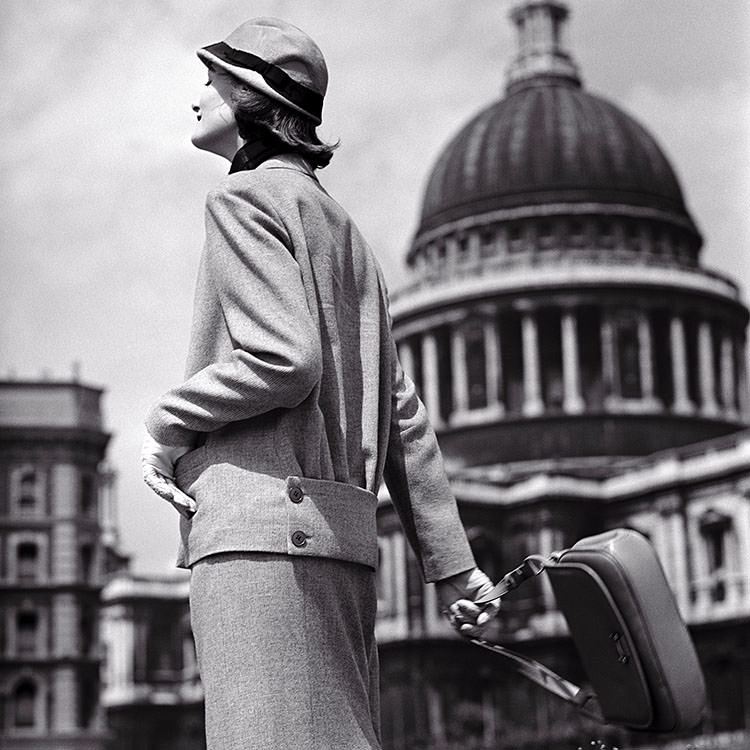 #36 Wenda Parkinson photographed for a “Country Woman at War” feature in front of St Paul’s Cathedral, London, 1942