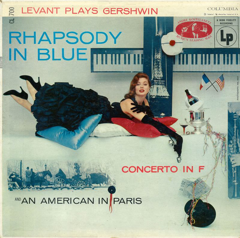 #10 Levant Plays Gershwin, Rhapsody in Blue, Oscar Levant, Andre Kostelanetz Orchestra, Model Suzy Parker on Cover, 1955