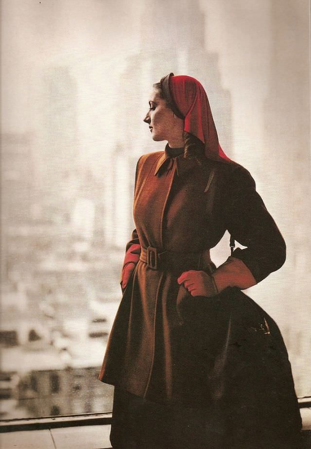 Model in striped ‘town and country’ dress with leather accessories by Jo Copeland for Patullo, 1944