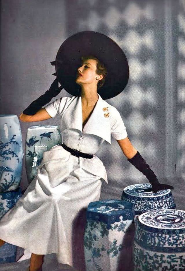 #57 Leopard print halter top over white silk chiffon skirt by Norman Norell, 1949
