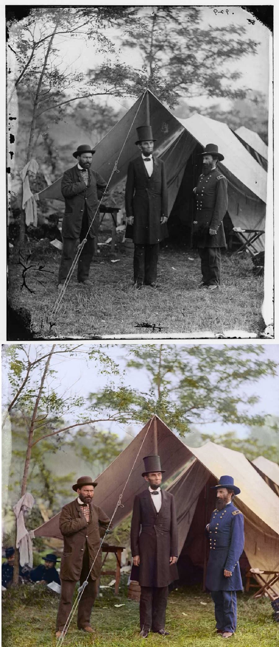 #3 Allan Pinkerton, President Lincoln, and Maj. Gen. John A. McClernand; at the main eastern theater of the war, Battle of Antietam, Sept.-Oct., 1862.