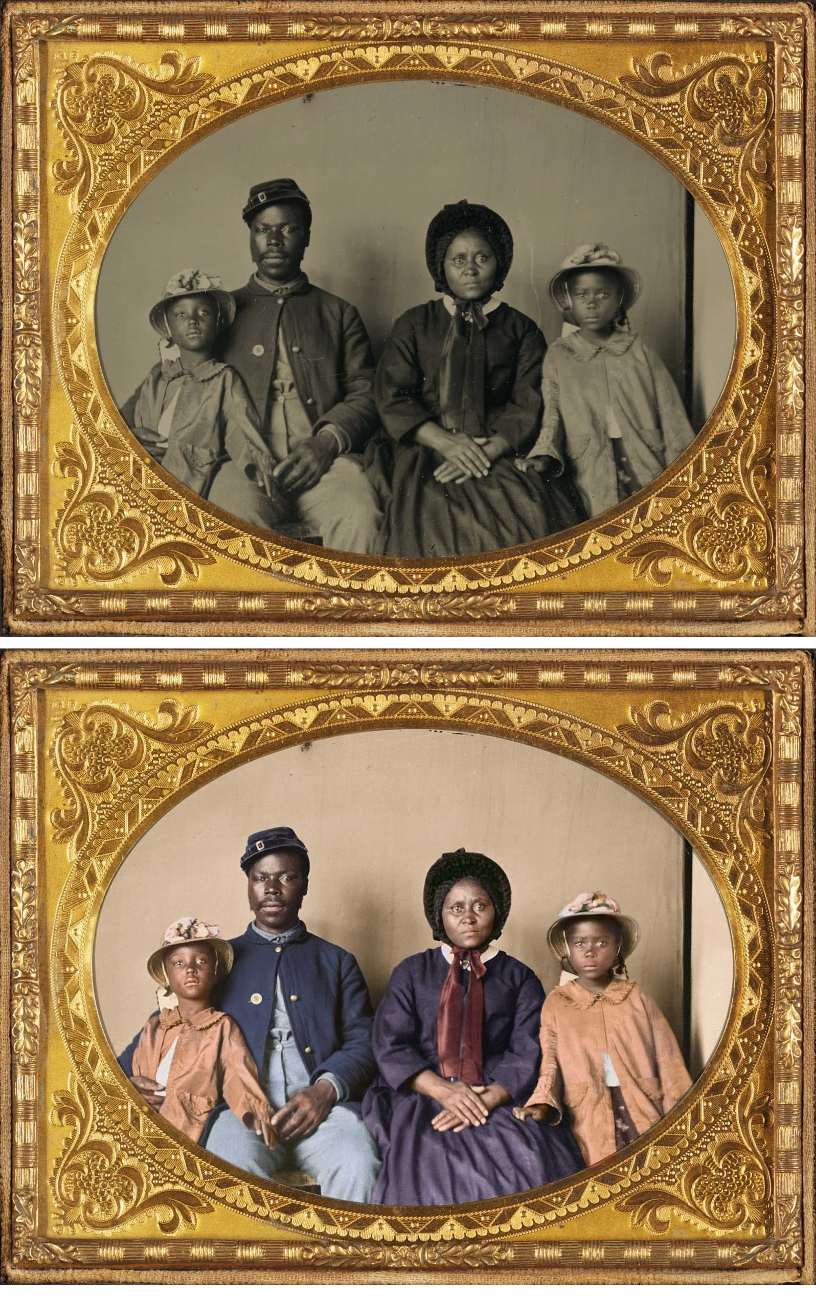 #18 Unidentified African American soldier in Union uniform with wife and two daughters, 1863-1865.