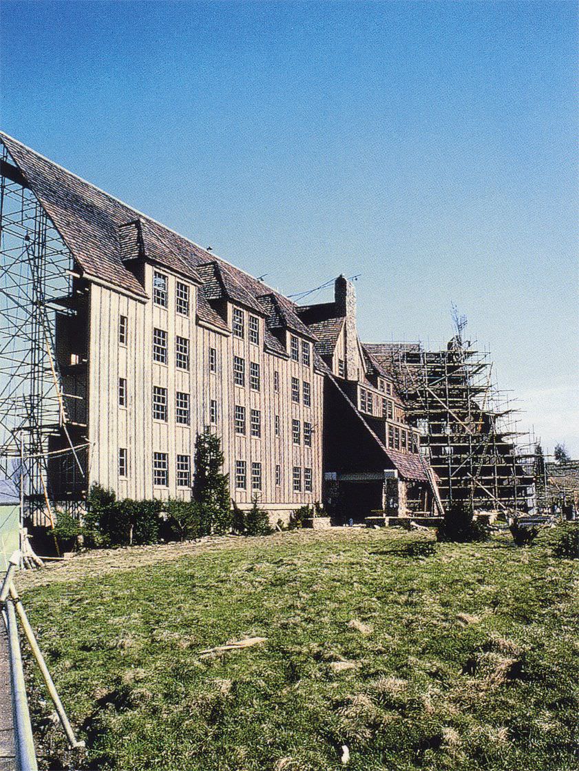 #11 The facade of the Overlook Hotel set under construction on the backlot at EMI Elstree Studios.