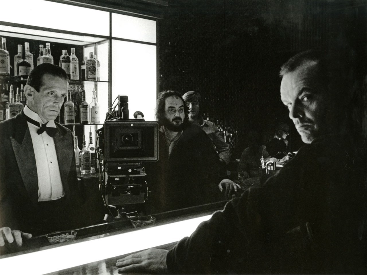 #20 Joe Turkel (Lloyd), Stanley Kubrick, and Jack Nicholson on set.