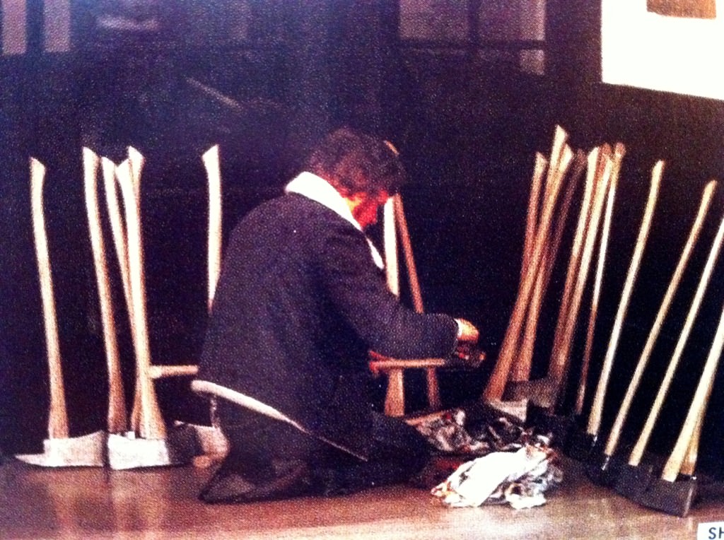 #29 A combination of real axes and axe handles with lightweight fiberglass heads was used during production.