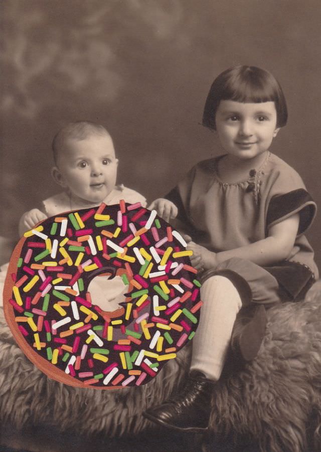 Baby Simon and his sister Simone hold the world’s largest doughnut with sprinkles