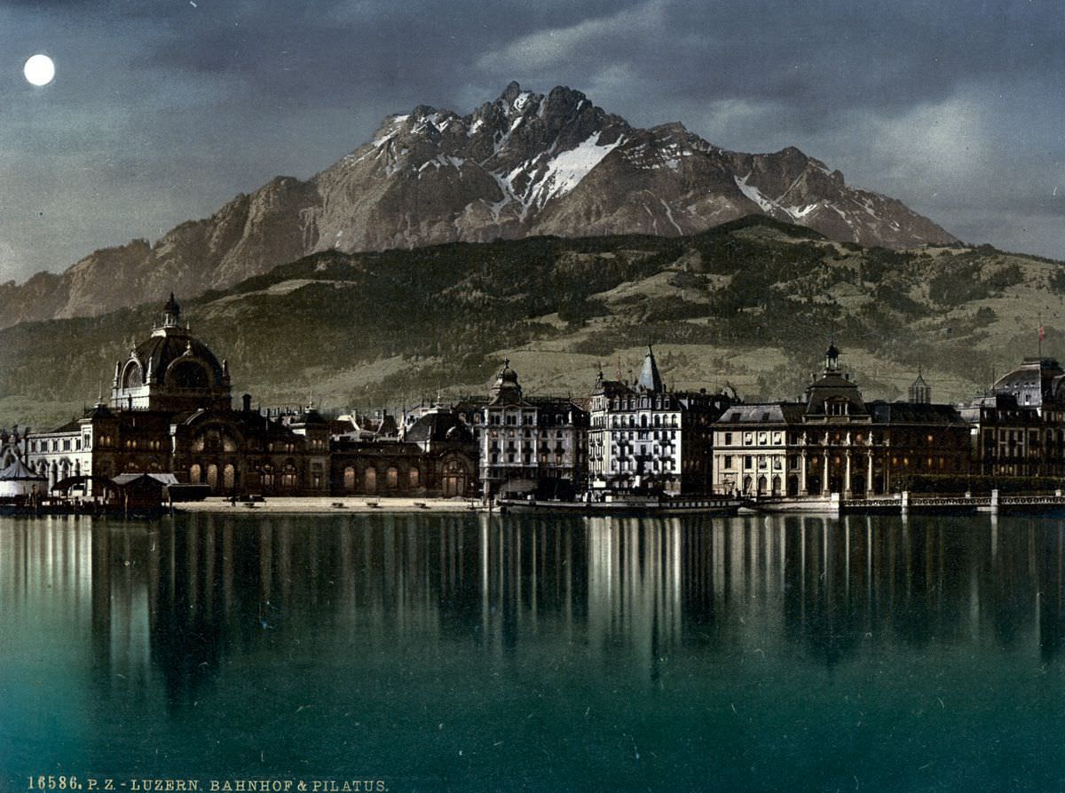 #32 The Lucerne railway station and Pilatus by moonlight.