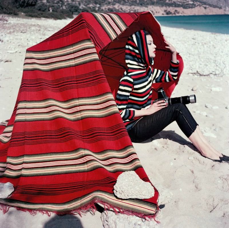 #15 Barbara Mullen in striped hooded top and pants by Christian Dior Boutique, photo by Lionel Kazan, Greece, Elle, 1956