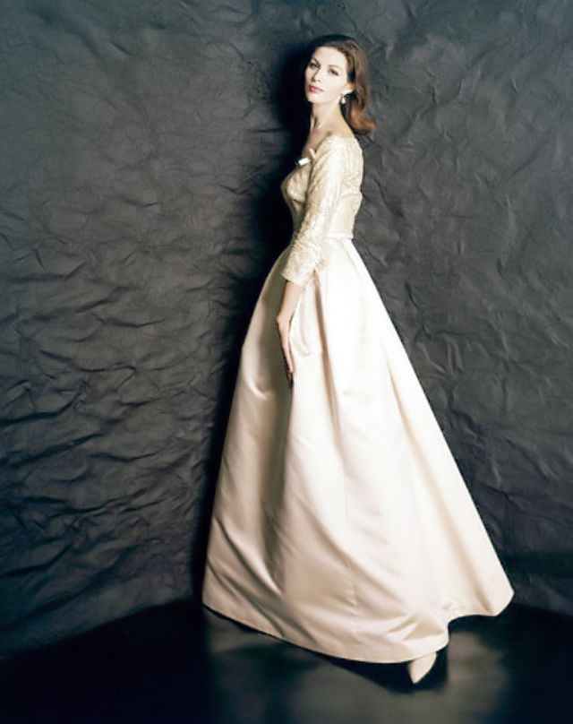 #24 Pia Kazan in gorgeous satin gown with bead-embroidered bodice by Sophie for Saks Fifth Avenue, September 1960