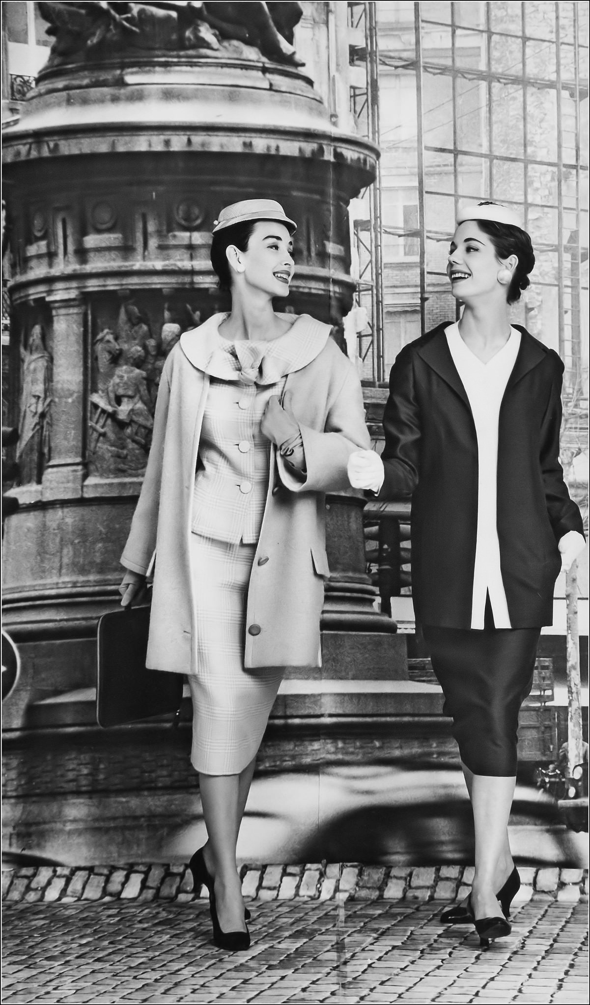 #46 Dorian Leigh and Enid Boulting in ensembles by Givenchy and Lanvin-Castillo, 1955