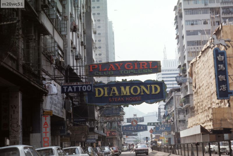 #68 Diamond Steakhouse on Lockhart Road, looking west towards Fenwick, Wanchai, 1974
