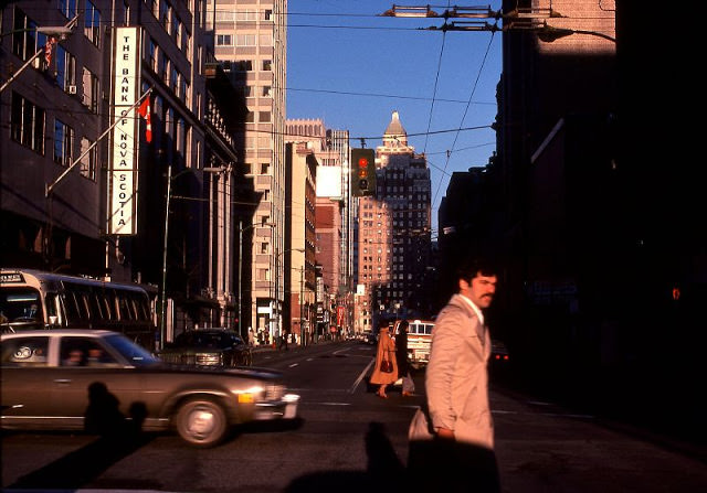 #47 Morning view looking west on Hastings toward the Marine Building, Vancouver, February 1978
