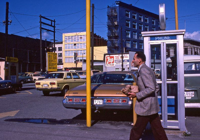#52 The yellow building is the Army and Navy store at 31 W Hastings and the blue building was the former Burns Block at 18 West Hastings, Vancouver, April 1978