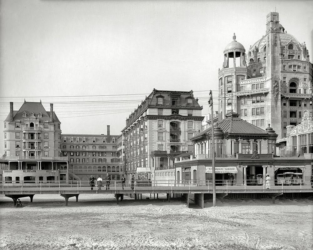 #5 The Atlantic City Boardwalk circa 1908. Hotel Dennis. And the Marlborough-Blenheim at right, along with a number of supporting players high and low.
