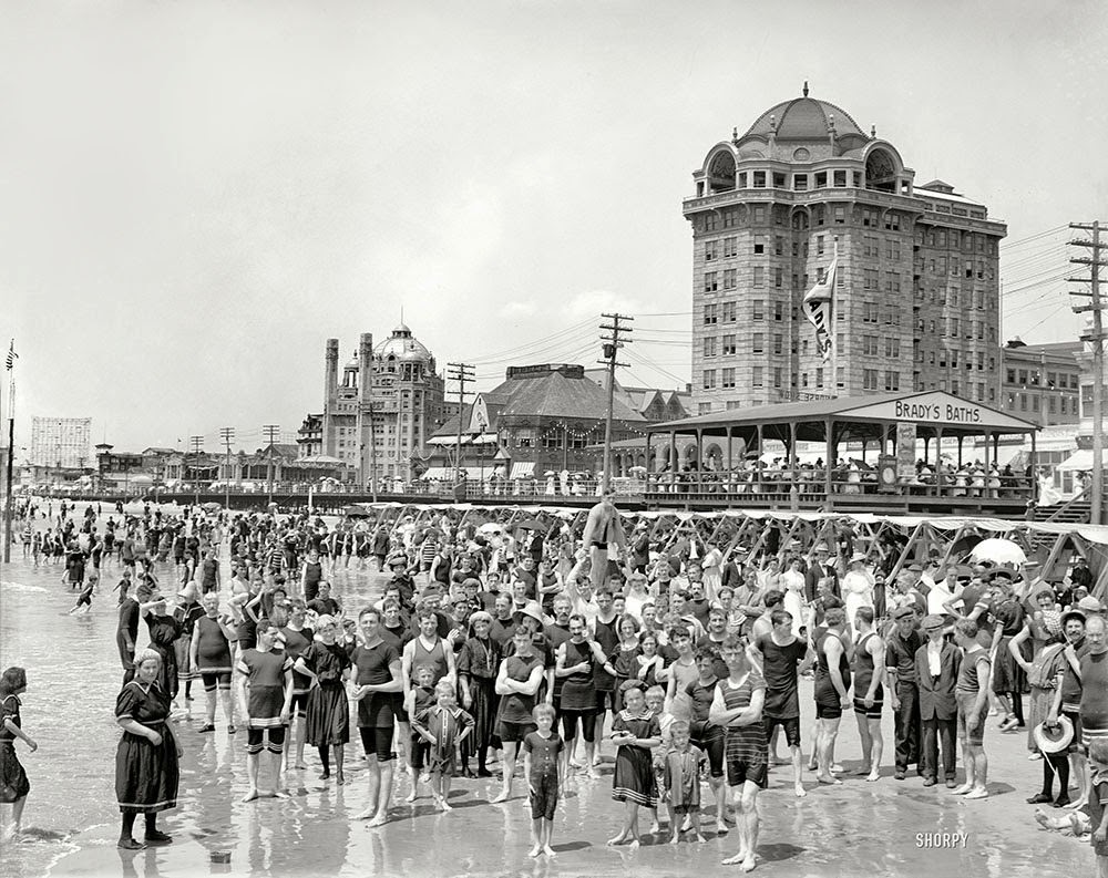 #17 Circa 1906, Atlantic City bathers peering a century into the future. Hotel Traymore and Brady’s Baths.” At left, the domed Marlborough-Blenheim hotel.